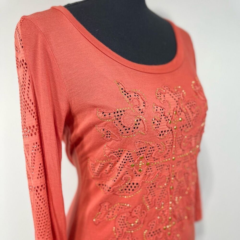 Daytrip Coral Mesh Embellished 3/4 Sleeve Top Size S